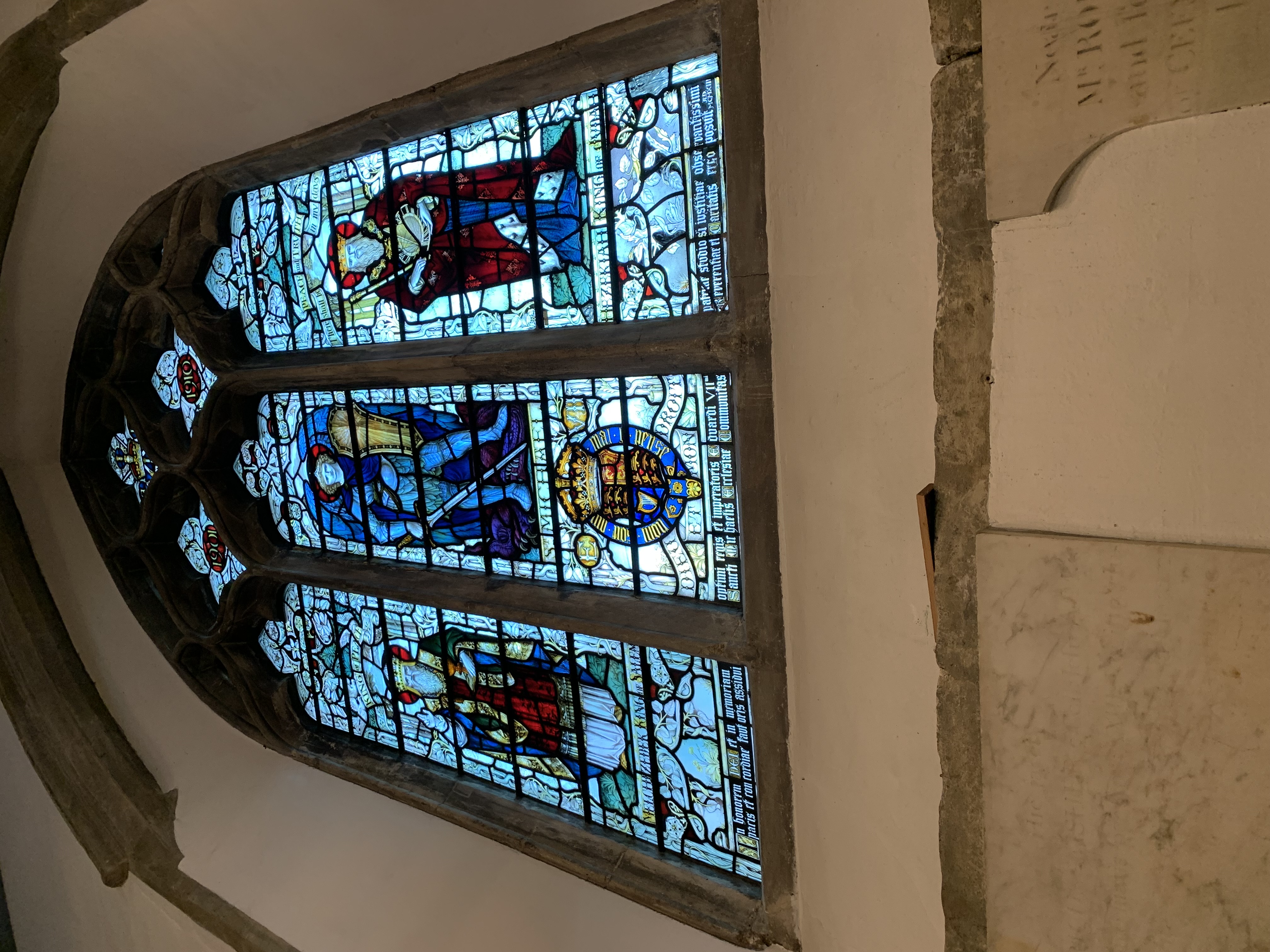 View of stained glass at St. Michael at the North Gate from the bottom.